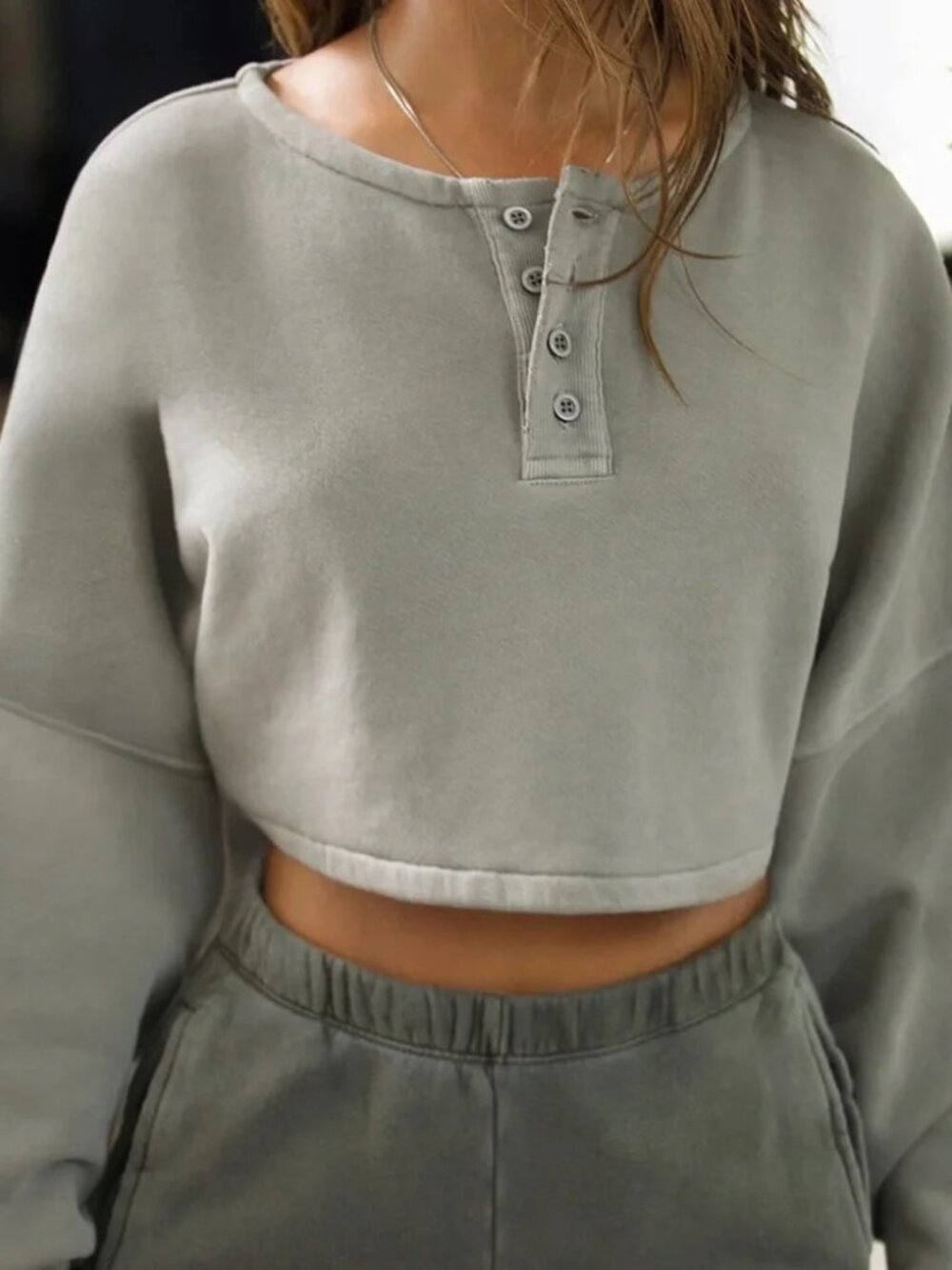 🩶NWT JOAH BROWN Cropped Henley Sweatshirt - Picture 7 of 16